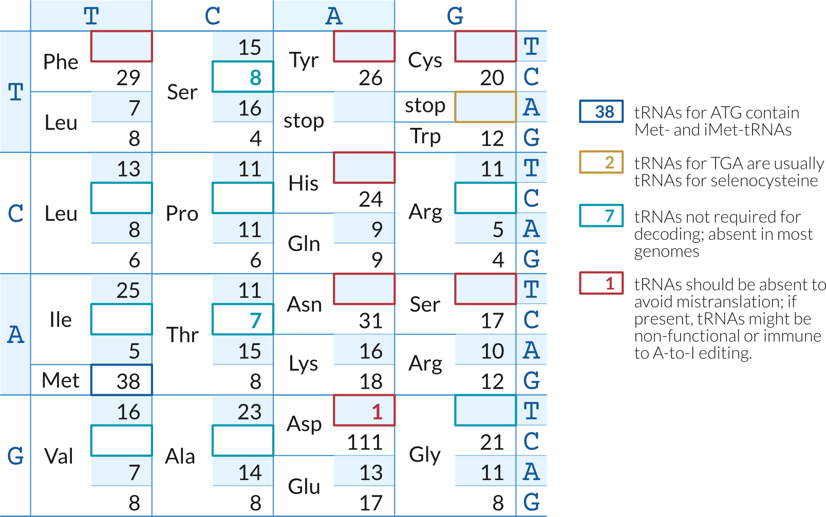 tRNAs found in a genome and mapped to the genetic code